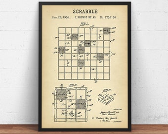 Scrabble Patent Print,  Scrabble Board Game Blueprint, Game Room Decor, Birthday Gifts, Word Game Poster Print Wall Art