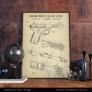 Pistolet Ruger MKIII 22/45 lite, impression brevet, plan Ruger Mark III, pistolet semi-automatique, décoration homme des cavernes, art mural pistolet, cadeaux de collection image 4