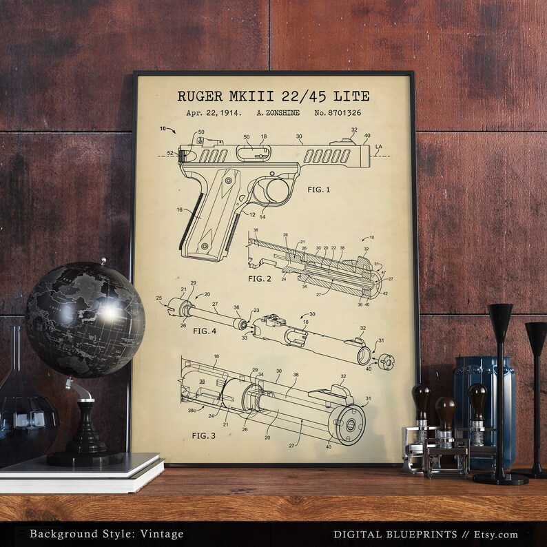 Pistolet Ruger MKIII 22/45 lite, impression brevet, plan Ruger Mark III, pistolet semi-automatique, décoration homme des cavernes, art mural pistolet, cadeaux de collection image 4
