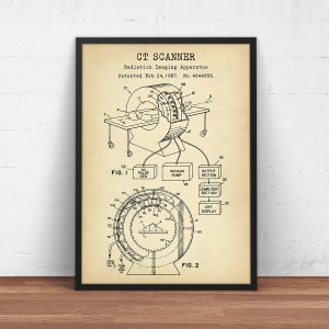May include: A vintage black and white line drawing of a CT scanner, a medical imaging device. The drawing shows the internal components of the scanner, including the X-ray tube, detectors, and computer system. The patent information is included: "CT SCANNER, Radiation Imaging Apparatus, Patented Feb. 24, 1987. No. 4644856."