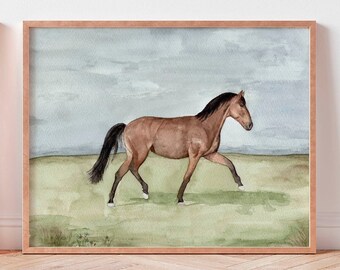 May include: A watercolor painting of a brown horse running through a green field with a blue cloudy sky in the background.