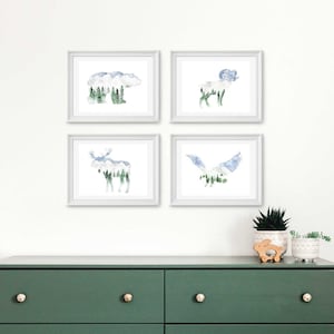 Set of 4, Mountain wall hanging, boy nursery, woodland animal painting, woodland nursery, woodland art, mountain paintings, boy room decor