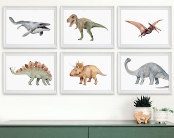 HORIZONTALE galerijmuur Dinosaurusafdrukken, dinosaurus aquarelschilderijen, dinosaurus kinderkamer prints, kindergalerij muur set, dinosaurus kunst aan de muur