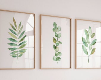 Botanical Watercolor Leaves Print Set: Eucalyptus, Fern, Magnolia
