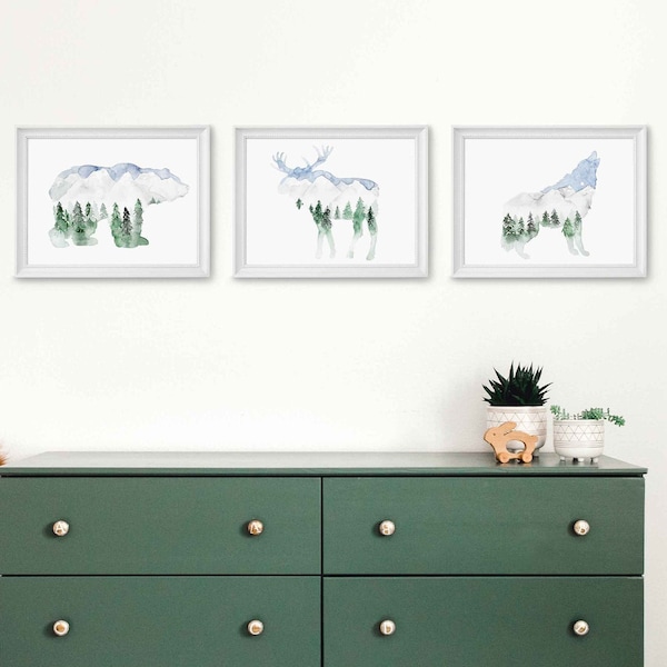 Set of 3, Mountain animals, bear, moose, wolf, art print, painting, nursery, boy, decor, wall hanging, grizzly, forest, watercolor, baby