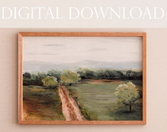 May include: A digital download of a painting depicting a dirt road leading through a field with trees and a single tree in the foreground. The painting is in a light brown frame.