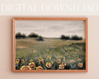 DIGITAL DOWNLOAD, Landscape wall art, Vintage Inspired landscape, field landscape, landscape painting, country landscape, sunflower painting