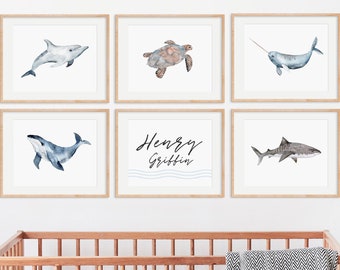 Watercolor Ocean Animal Prints: Nautical Nursery Art, Set of 5