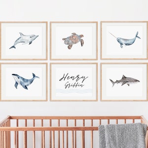 Set of 5 ocean animals, ocean theme nursery, nautical nursery decor, ocean animal art, ocean decor, baby shower gift, whale decor, sea theme