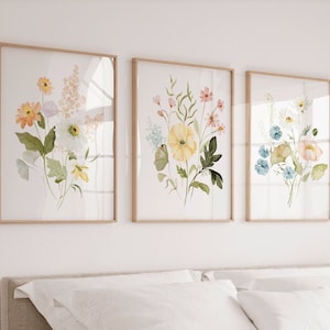 Matching flower prints, wild flower wall hanging, gallery wall set of 3, flower art print, wildflower botanical art, little girl room decor