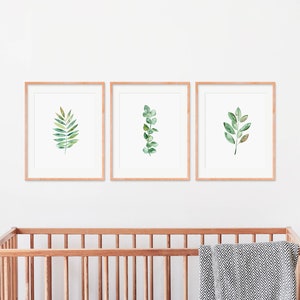 May include: Three framed watercolor prints of green leaves on a white wall above a wooden crib with a gray and white blanket.