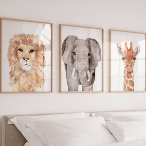 Jungle animal art, Safari Animals, (Elephant, giraffe, lion), jungle prints, paintings, nursery decor, jungle nursery, savanna animals, art