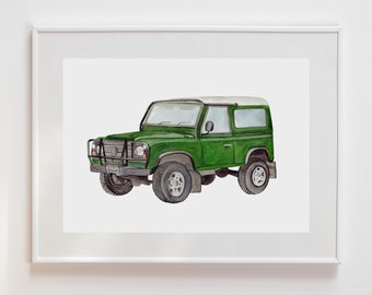 Watercolor Retro Green Vehicle Print: Classic Car Wall Decor