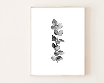 Schwarzweißer Eukalyptus, botanischer Druck, Blatt, Blätter, Wohnzimmer, Wandbehang, Dekor, Malerei, Kunst, Neutral, Illustration, Badezimmer