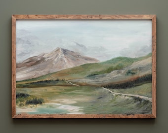 Vintage Inspired landscape, field landscape, outdoorsy decor, landscape painting, mountain lake art, forest artwork, moody country landscape