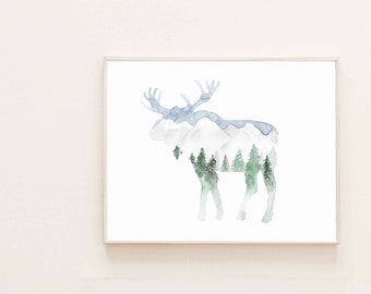 Watercolor moose, moose painting, mountain painting, moose print, watercolour moose painting, rustic painting, moose wall decor, nursery art