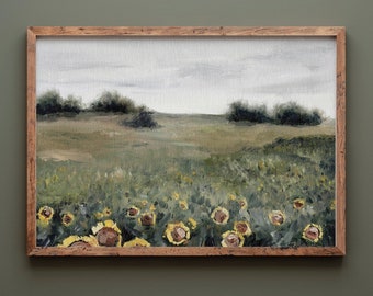 Vintage Inspired landscape, field landscape, outdoorsy decor, landscape painting, mountain lake art, sunflower art, moody country landscape