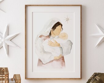 Watercolor Nativity Art Print - Christmas Painting of Jesus & Mary, Nativity Scene, Religious Christmas Art, Holiday Home Decor