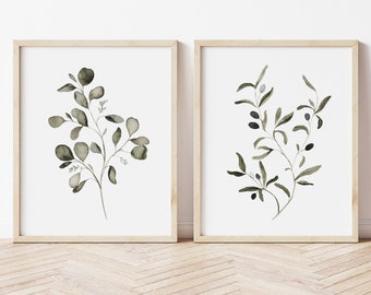Olive & Eucalyptus Watercolor Art Print Set: Botanical Wall Decor