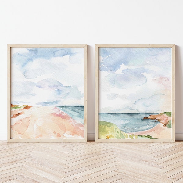 Set of 2, Ocean painting, shore decor, beach artwork, costal artwork, watercolor ocean, ocean landscape, abstract ocean, ocean wall decor