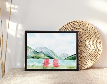 Waterton Red Chairs Watercolor- Print, Canada, Alberta, landscape, scenery, mountains, lake, travel, painting, art, wall decor, hanging