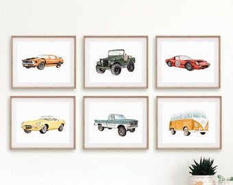 Klassieke autoafdrukken, auto wand decor, auto kinderkamer thema, aquarel voertuigen, aquarel auto's, raceauto schilderen, kinderkamer voertuig kunst aan de muur