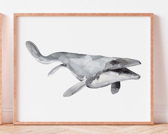 Watercolor Mosasaurus Print: Dinosaur Nursery Wall Art