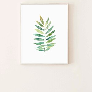 May include: A watercolor painting of a single green leaf with a white background. The leaf is a light green color with darker green veins.