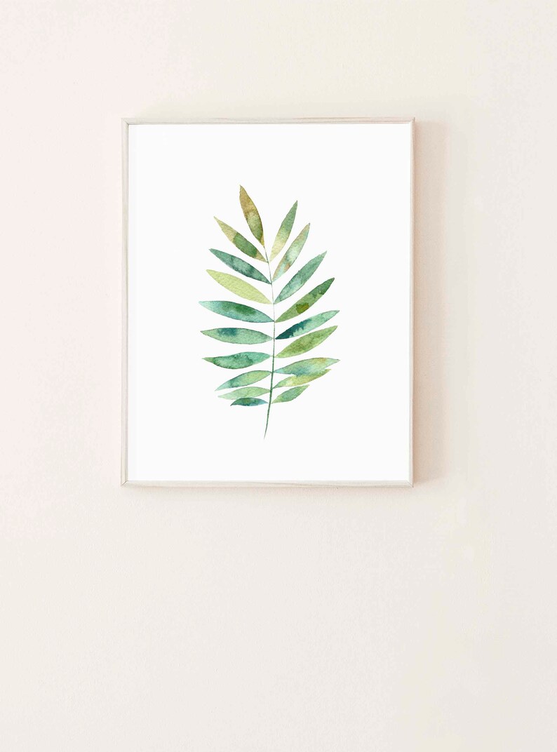 May include: A watercolor painting of a single green leaf with a white background. The leaf is a light green color with darker green veins.