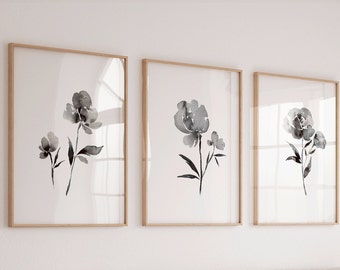 Matching flower prints, black and white flowers, gallery wall set of 3, flower art print, black and white botanical art, simple floral art