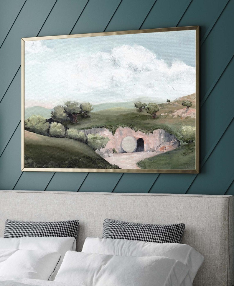 May include: A painting of a rolling stone in front of a cave entrance, with a green grassy landscape and a blue sky with white clouds in the background.