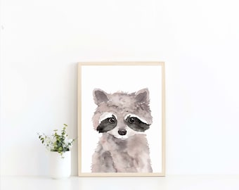 Watercolor Racoon Print- Woodland Animal Nursery Prints /  kids room / racoon artwork / illustration / forest animal