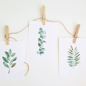 May include: Three watercolor paintings of green leaves are displayed on a white wall using twine and wooden clothespins. The leaves are painted in shades of green and brown.