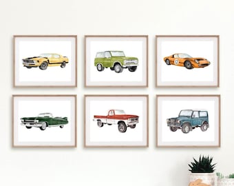 Classic Car Prints, Car wall decor, Car nursery theme, watercolor vehicles, watercolor cars, racecar painting, nursery vehicle wall art