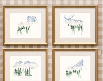 Mountain Animal Watercolor Print Set: Archival Nursery Art
