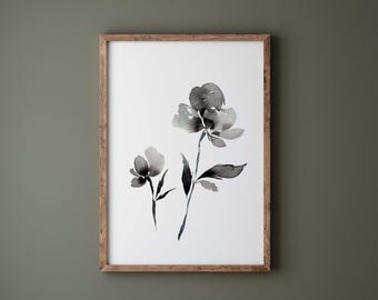 Black and White Floral Watercolor Art Print: Modern Botanical Wall Decor