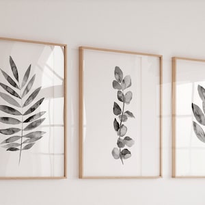 Botanical Art Prints: Black and White Watercolor Leaves, Set of 3