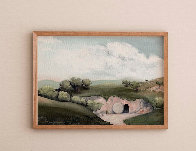 May include: A painting of a landscape with a large stone blocking the entrance to a cave. The sky is a light blue with white clouds. The ground is green and there are trees in the distance.