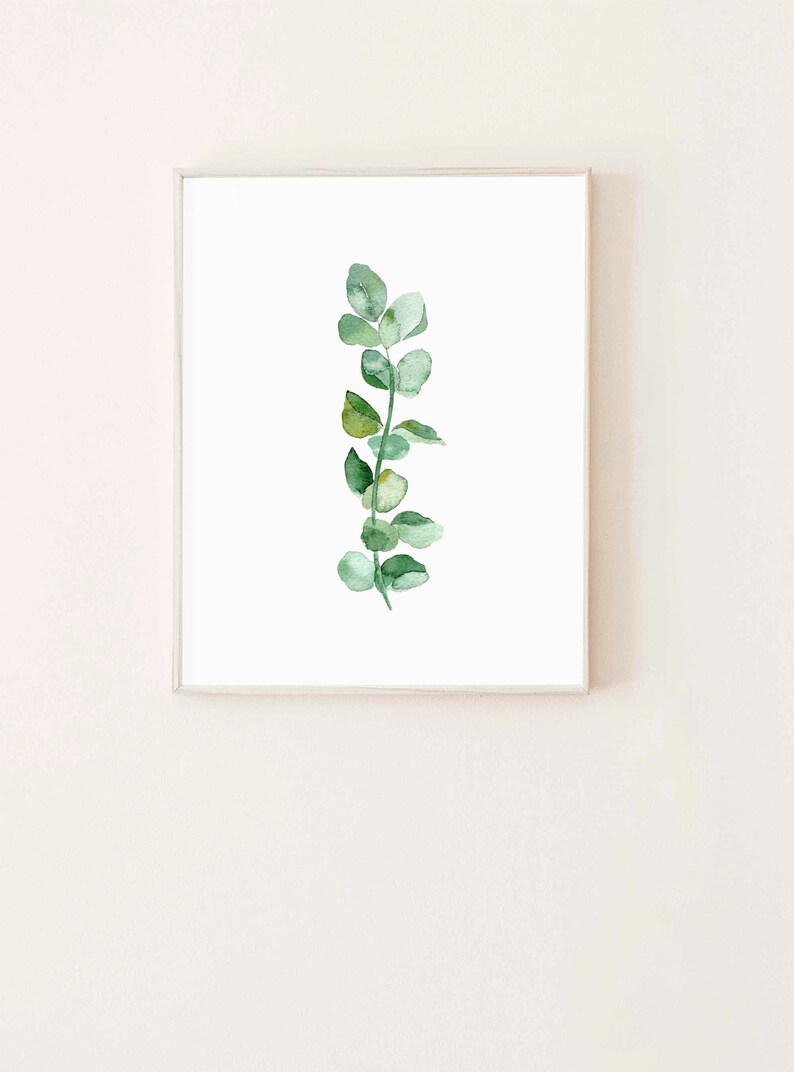 May include: A framed watercolor painting of a single sprig of eucalyptus leaves in shades of green against a white background.