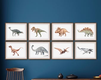 Galeria ścienna z nadrukami dinozaurów, akwarele z dinozaurami, nadruki z dinozaurami do pokoju dziecięcego, zestaw ścienny z galerią dla dzieci, sztuka ścienna z dinozaurami, nadruk z T-Rexem