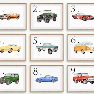 Gallery wall, Set of 4, 5, 6, 7, 8, 9, Car wall decor, Car nursery theme, watercolor vehicles, watercolor cars, nursery vehicle art