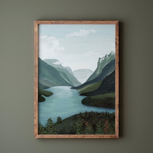 Mountain art print, mountain wall hanging, waterton lakes artwork, outdoorsy decor, landscape painting, mountain lake art, forest artwork