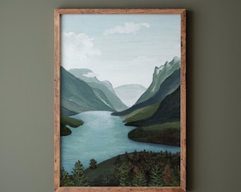 Mountain art print, mountain wall hanging, waterton lakes artwork, outdoorsy decor, landscape painting, mountain lake art, forest artwork