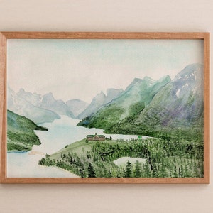 Watercolor Waterton Lake, Waterton Lakes National Park, Art Print, Watercolor, mountains, landscape, alberta, canada, lake, blue, green image 1