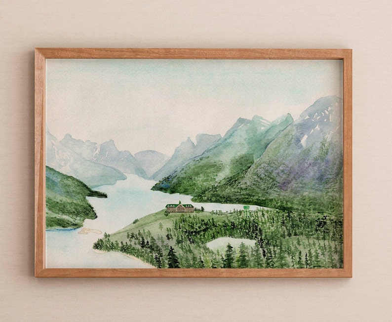 Watercolor Waterton Lake, Waterton Lakes National Park, Art Print, Watercolor, mountains, landscape, alberta, canada, lake, blue, green image 1