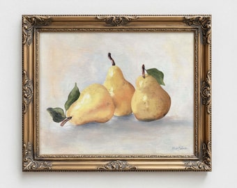May include: A framed still life painting featuring three yellow pears with green leaves. The pears are arranged on a light background. The ornate gold frame adds a classic touch to the artwork.
