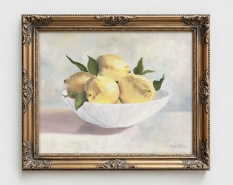 Lemon Painting, Lemons in a bowl artwork, Lemon oil painting print