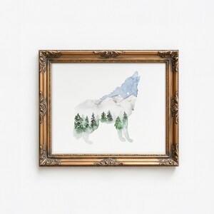 Watercolor Wolf Print: Mountain Silhouette Nursery Art