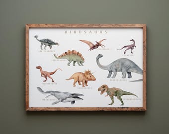 Horizontal Watercolor Dinosaur Poster: Nursery & Playroom Wall Art