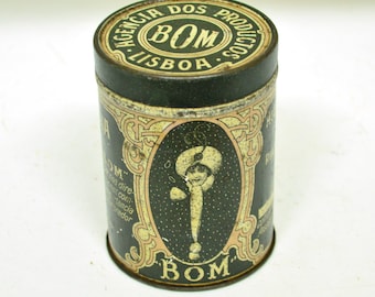 Antique Vintage Tin cylinder butter box portugal advertising preserves 1900s home decor / decorations collectibles kitchenware Art nouveau